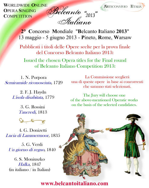 Pubblicati i titoli delle opere scelte per la prova finale del Concorso Belcanto italiano 2013 - Issued the chosen titles for the final round of Belcanto Italiano Competition 2013